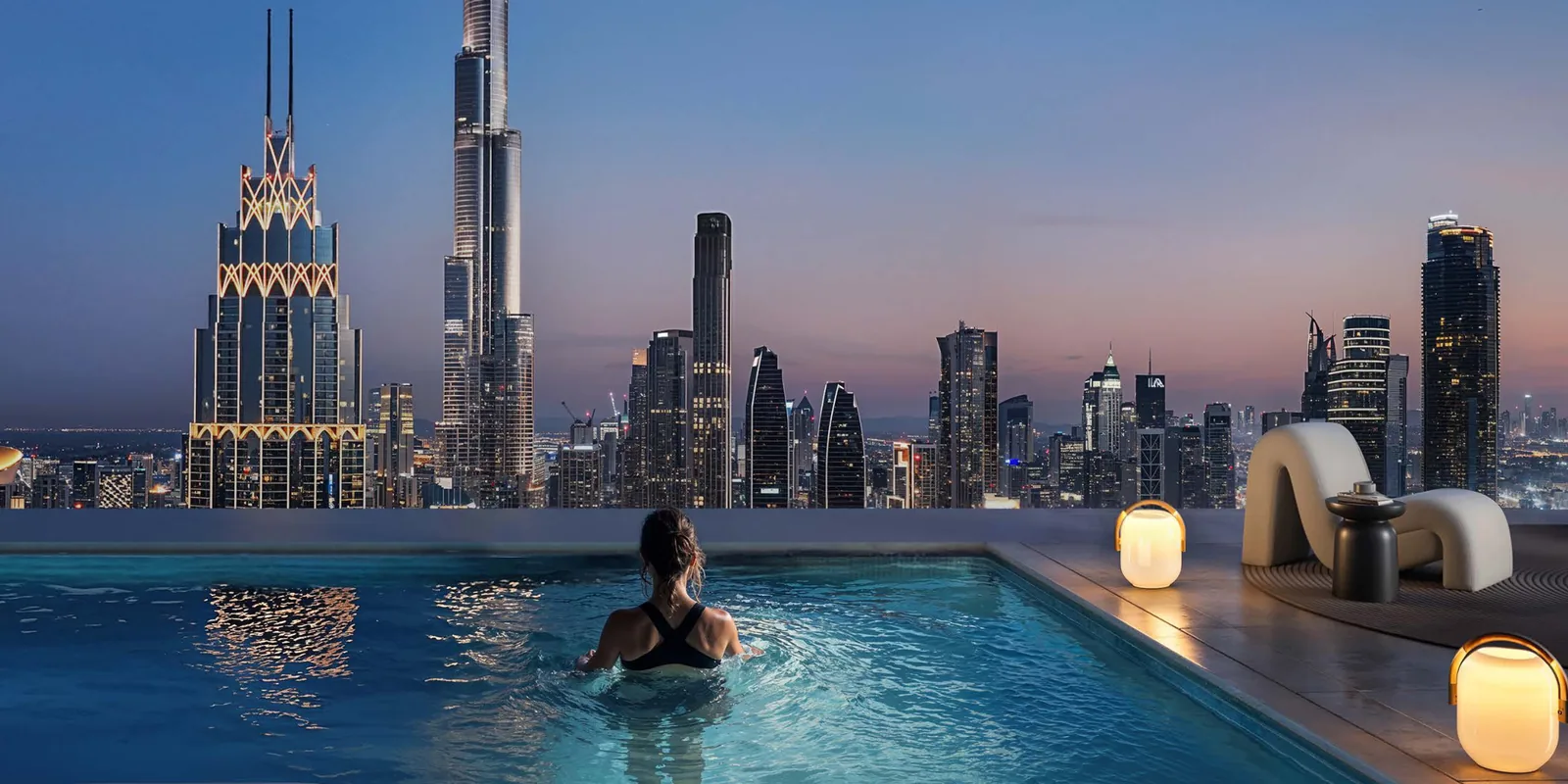 Akala, Infinity-Pool mit Blick auf Burj Khalifa