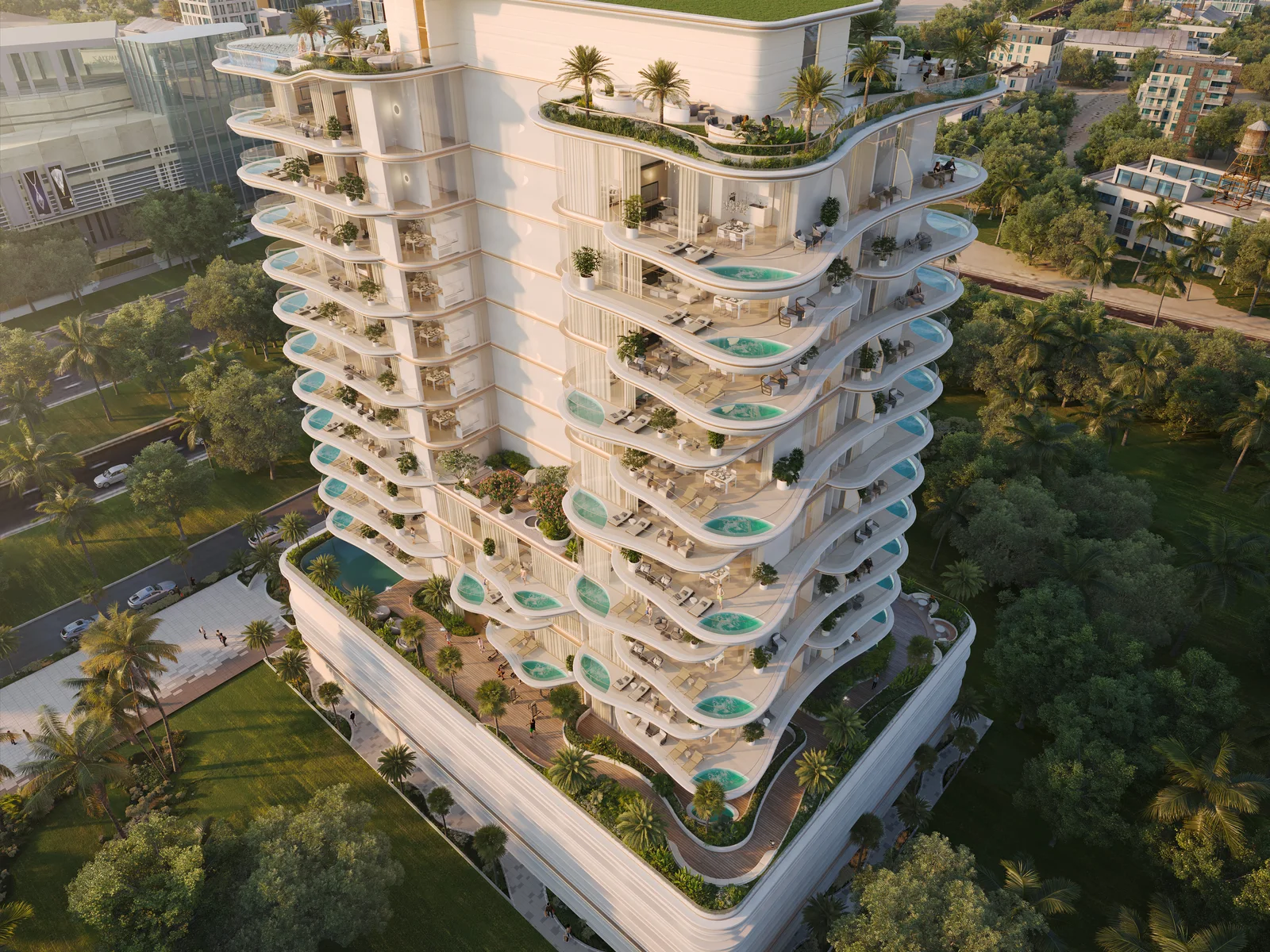 Beach Walk Residence 2 by Imtiaz, Luftaufnahme im grünen Insel-Kontext auf Dubai Islands