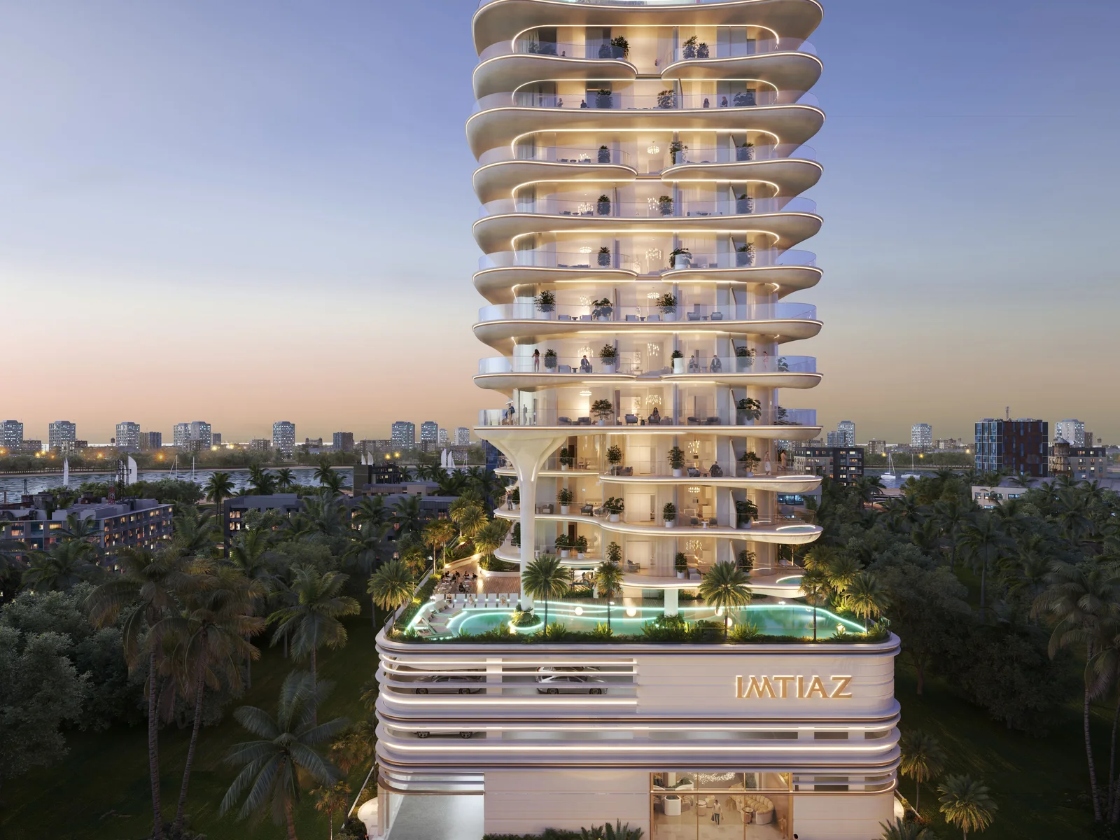 Beach Walk Residence 2 by Imtiaz, beleuchteter Turm in der Dämmerung