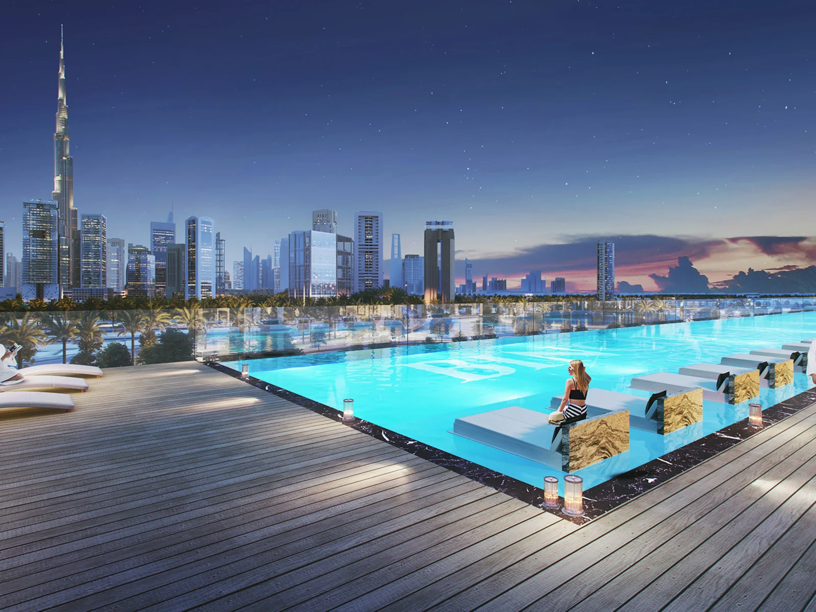 Burj Binghatti Jacob & Co, Infinity-Pool mit Blick auf die Skyline und Burj Khalifa