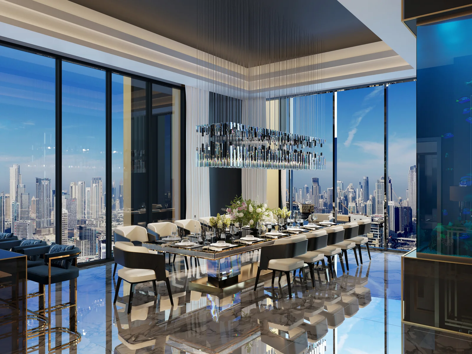 Burj Binghatti Jacob & Co, Essbereich eines Sky-Penthouse mit Panoramablick