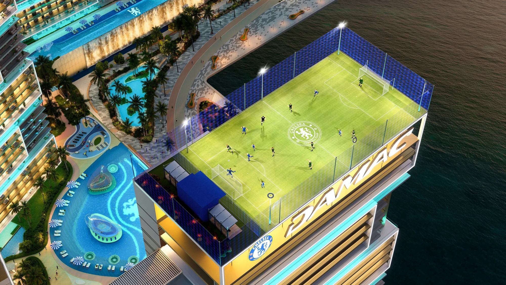 Chelsea Residences, DAMAC, Fu&szlig;ballplatz und Pool
