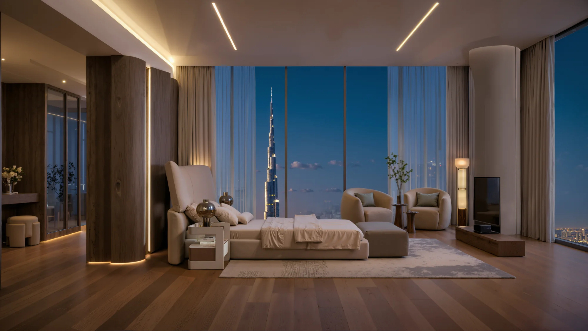DWTN Residences, Schlafzimmer mit Burj-Khalifa-Blick