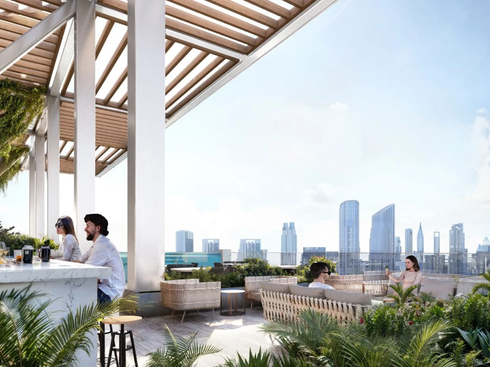 Fairmont Residences Solara Tower, Rooftop-Sky-Garden mit Pool-Bar und Burj-Khalifa-Blick