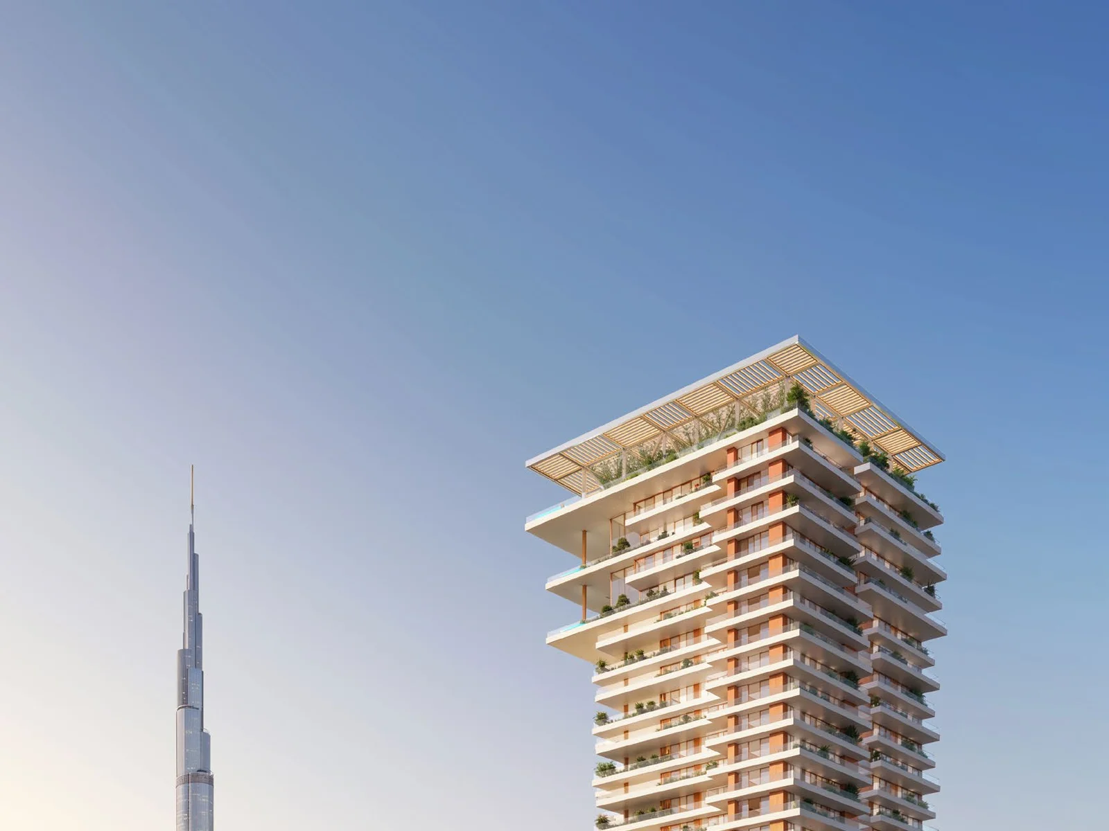 Fairmont Residences Solara Tower, Exterieur neben dem Burj Khalifa bei Tag