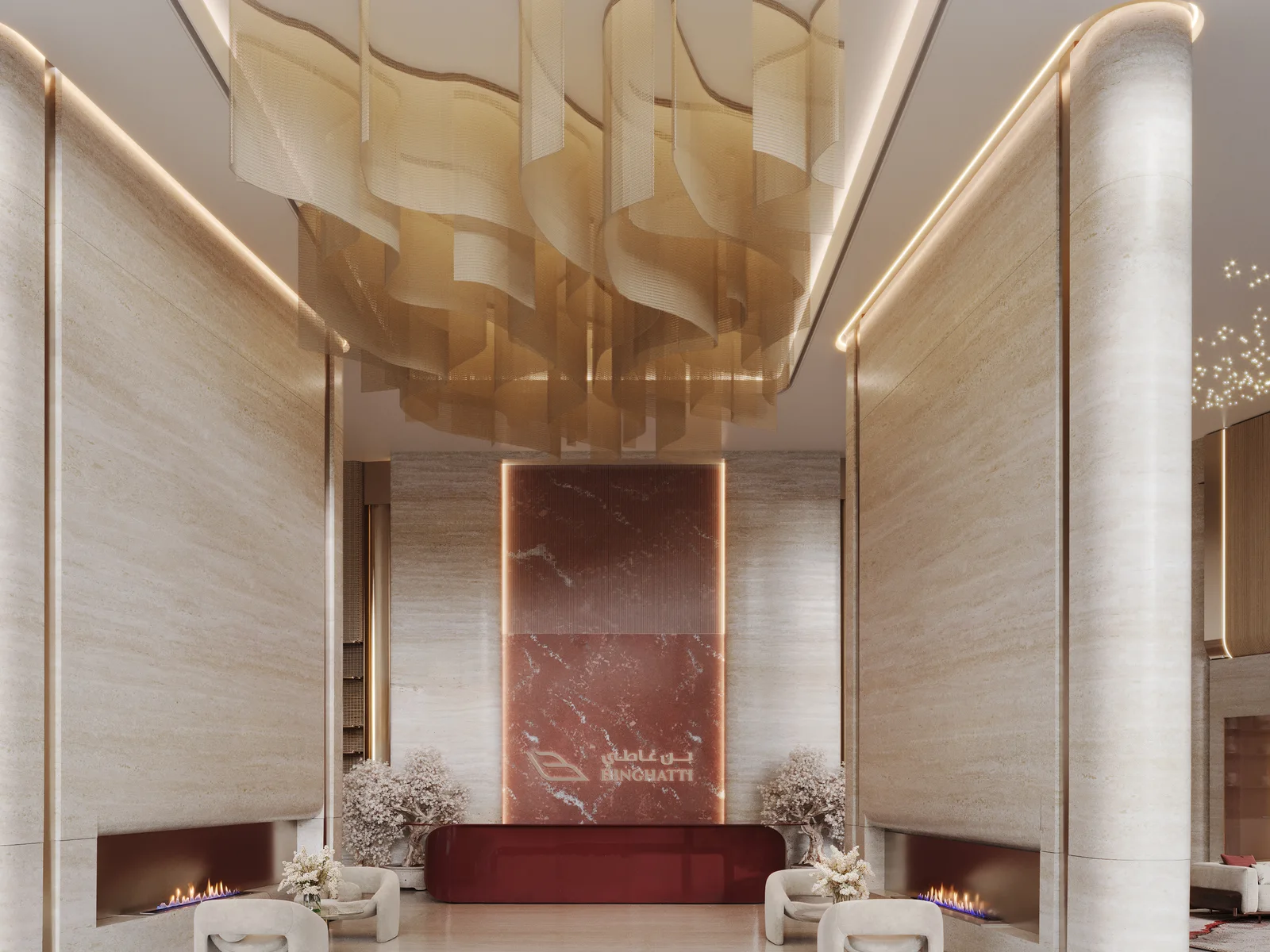 Binghatti Flare, großzügige Lobby mit Säulen und Gold-Decke