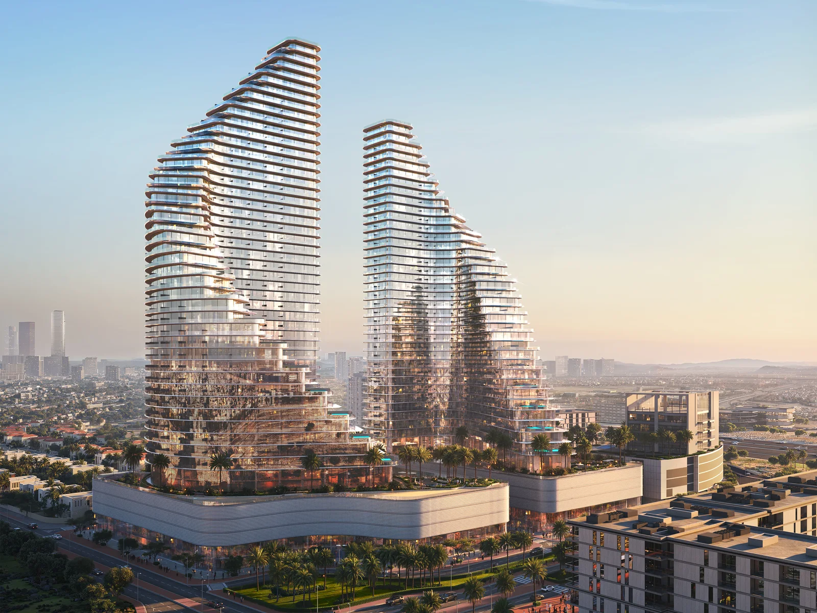 Binghatti Flare, Türme mit Skyline in Jumeirah Village Triangle bei Tag