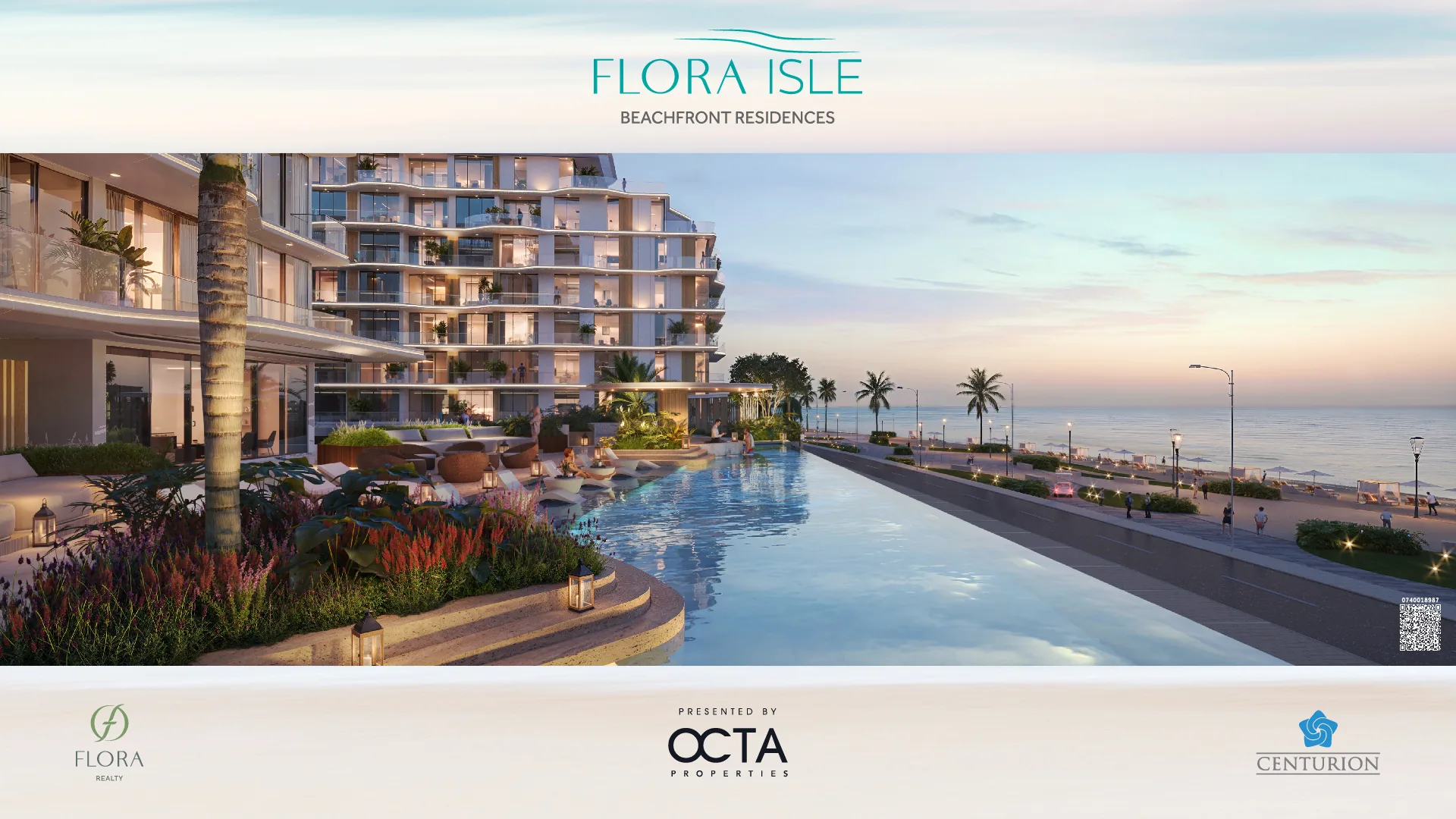 Flora Isle, Urban-Beach-Pool bei Dämmerung