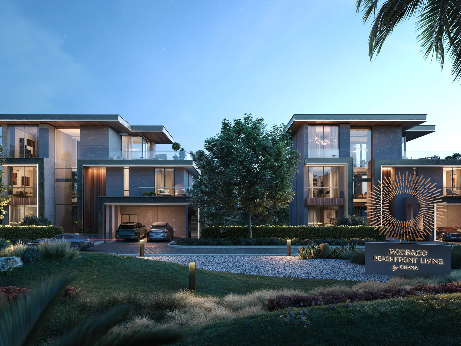 Jacob & Co. Beachfront Living, Villen-Aussenansicht im Abendlicht