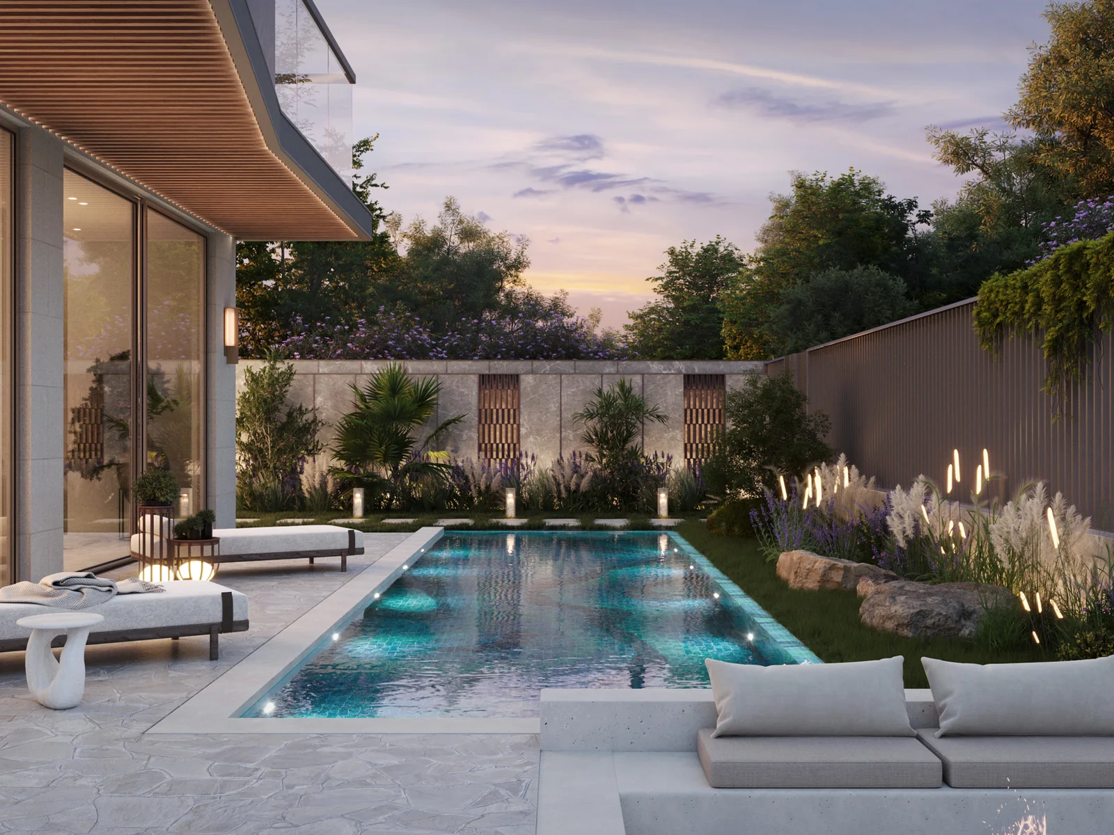 Knightsbridge, Villengarten mit Pool und beschatteter Terrasse