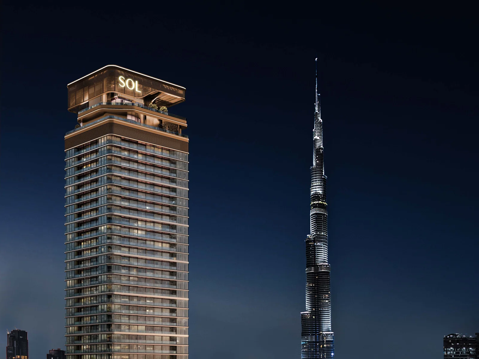 Sol Luxe, Turm bei Nacht neben dem Burj Khalifa