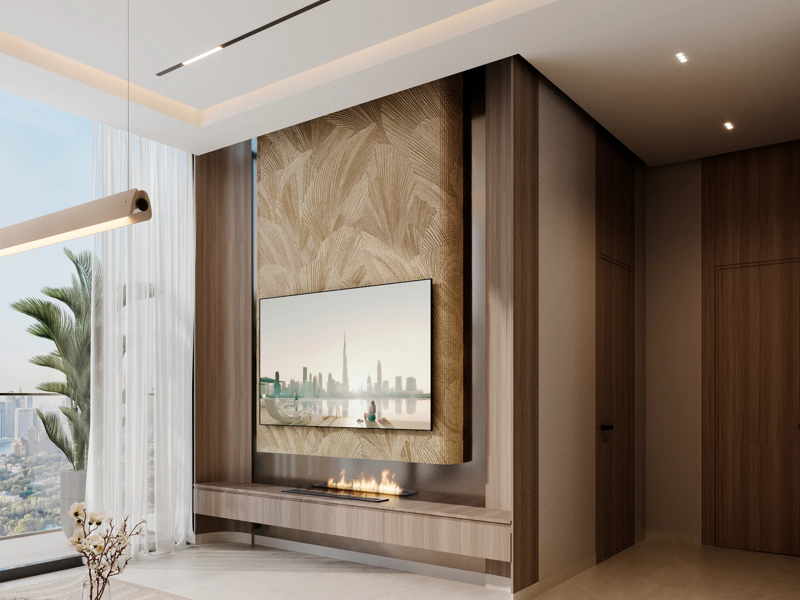Binghatti Luxuria, Wohnbereich mit Kamin und Blick ins Grün