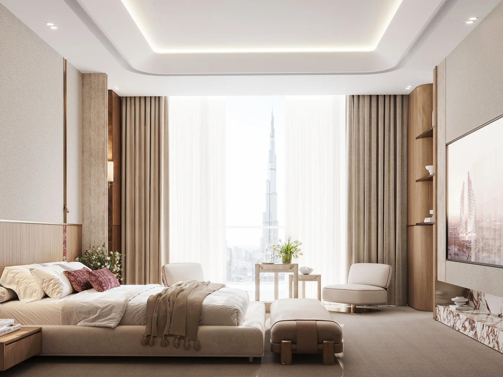 Binghatti Skyblade, Schlafzimmer mit Blick auf den Burj Khalifa