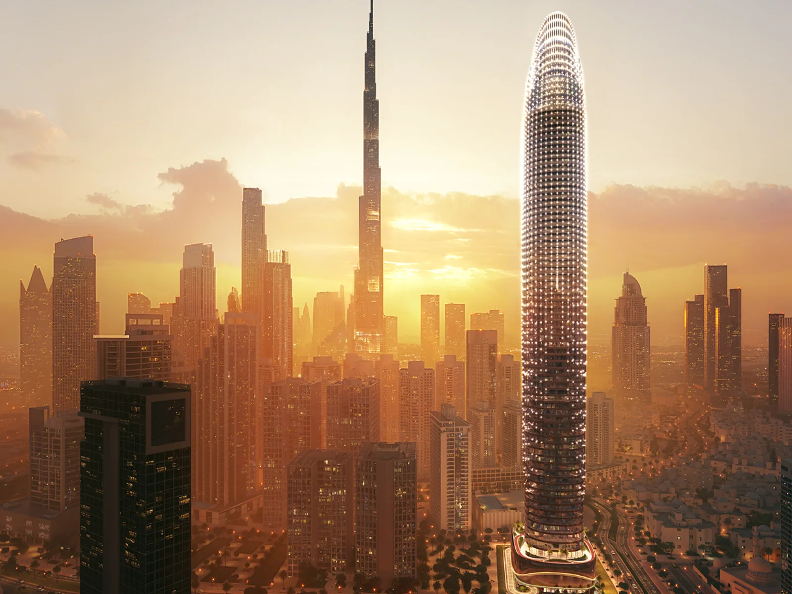 Binghatti Skyblade, Skyline bei Sonnenuntergang mit Turm und Burj Khalifa