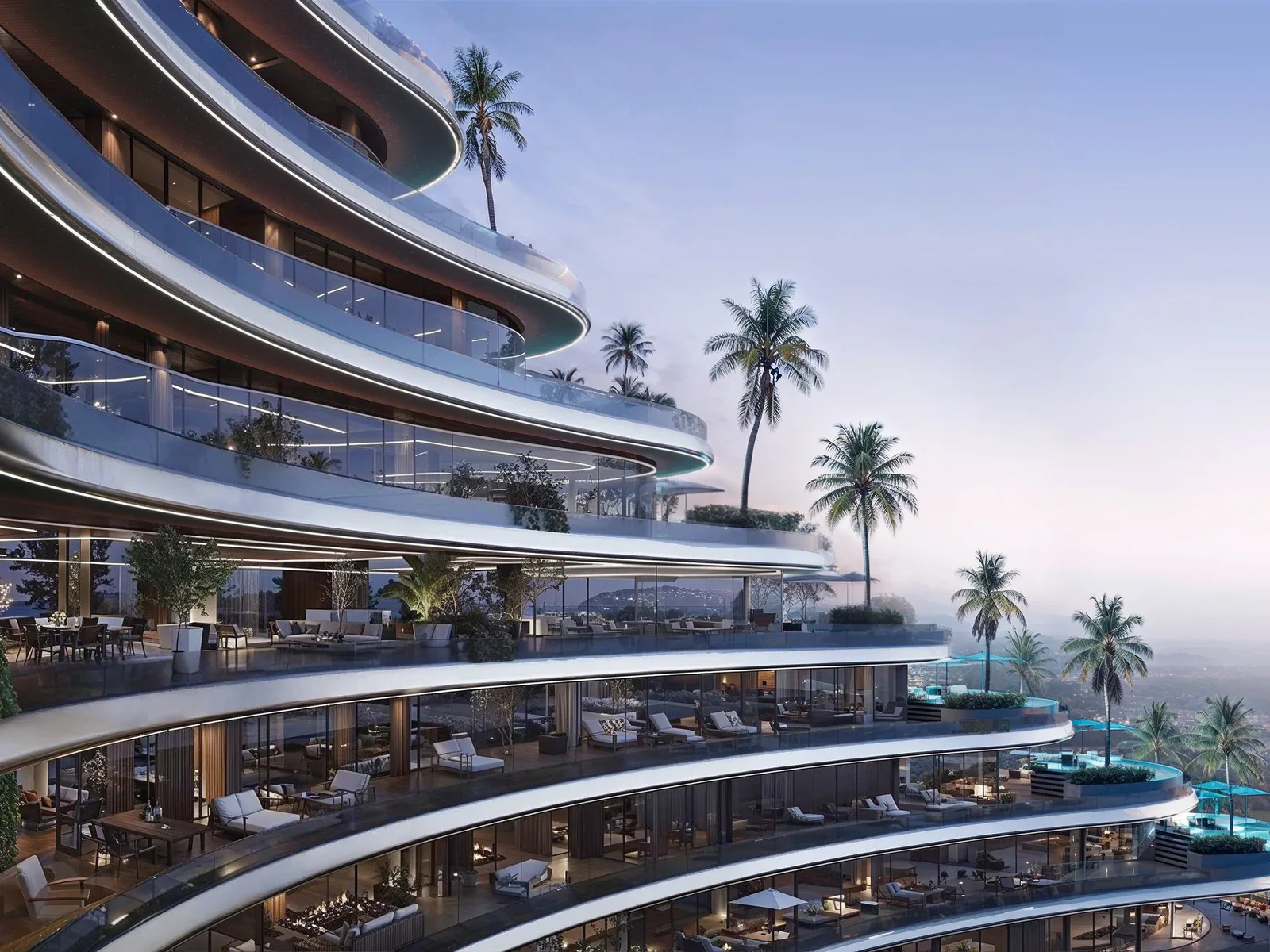 Binghatti Skyflame, geschwungene Fassade mit Terrassen