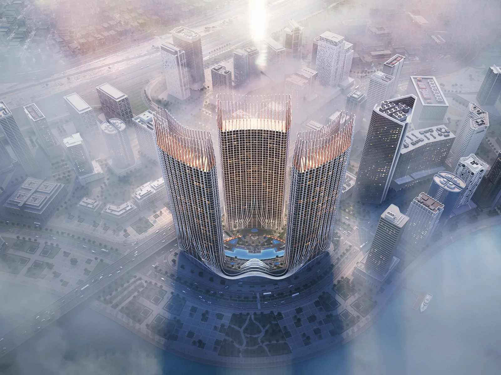 Binghatti Skyrise, Top-down-Luftbild der Türme und des Podiums