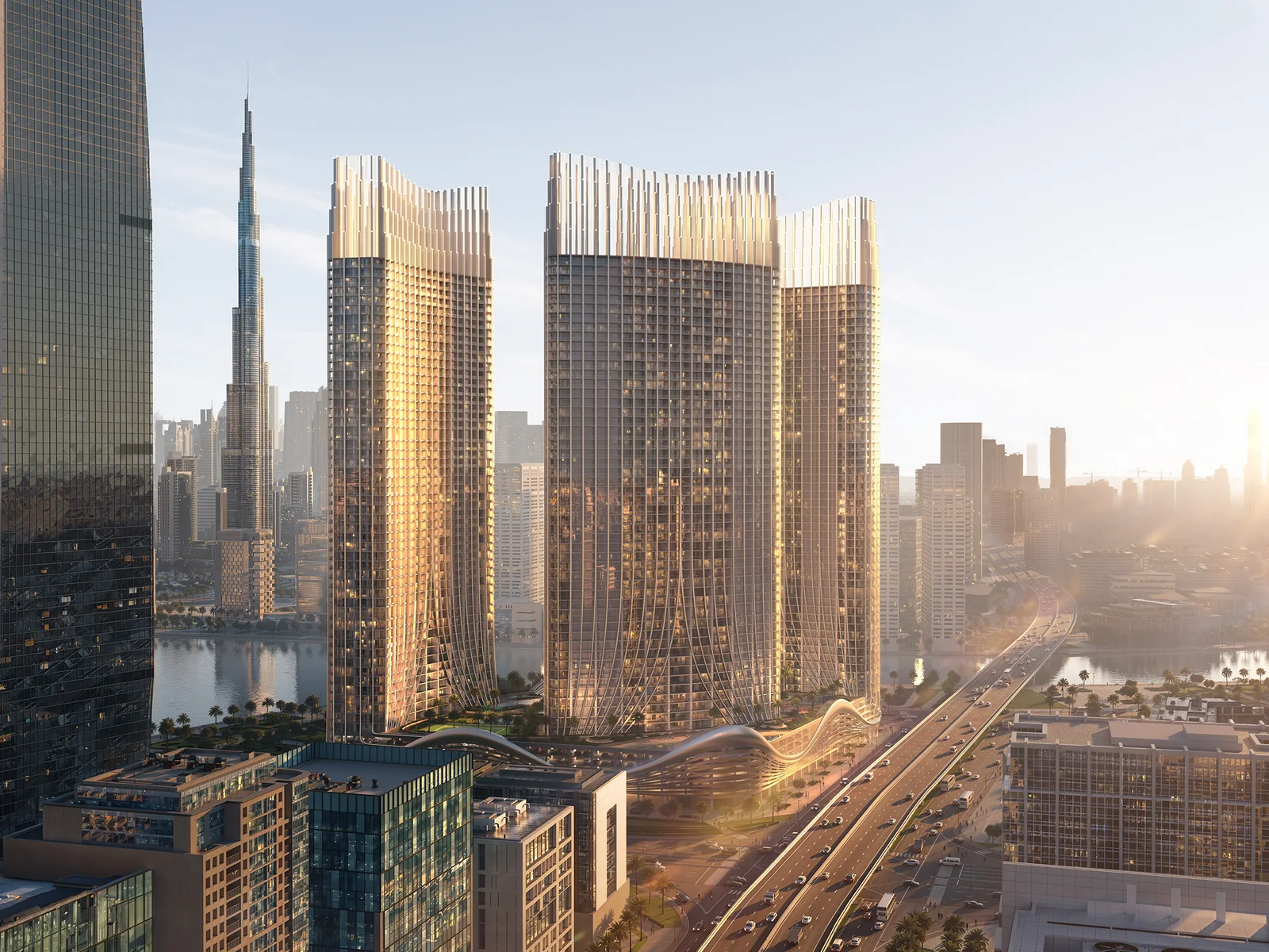 Binghatti Skyrise, Türme mit Burj Khalifa und Stadt bei Tag