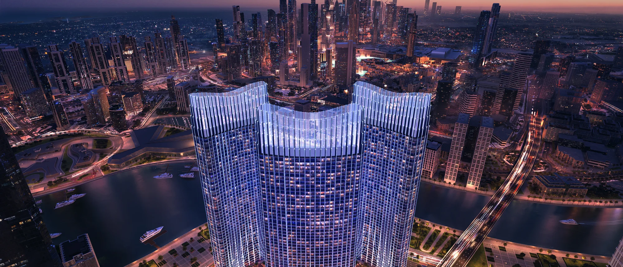 Binghatti Skyrise, drei T&uuml;rme am Dubai Canal in Business Bay