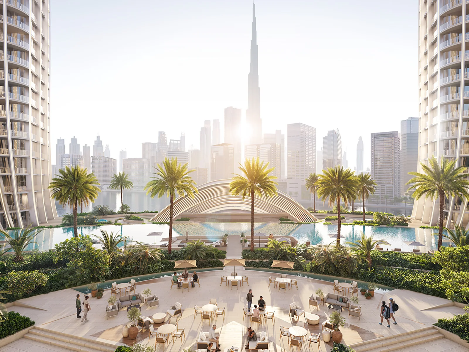 Binghatti Skyrise, Podium mit Pool und Burj-Khalifa-Blick zwischen den Türmen