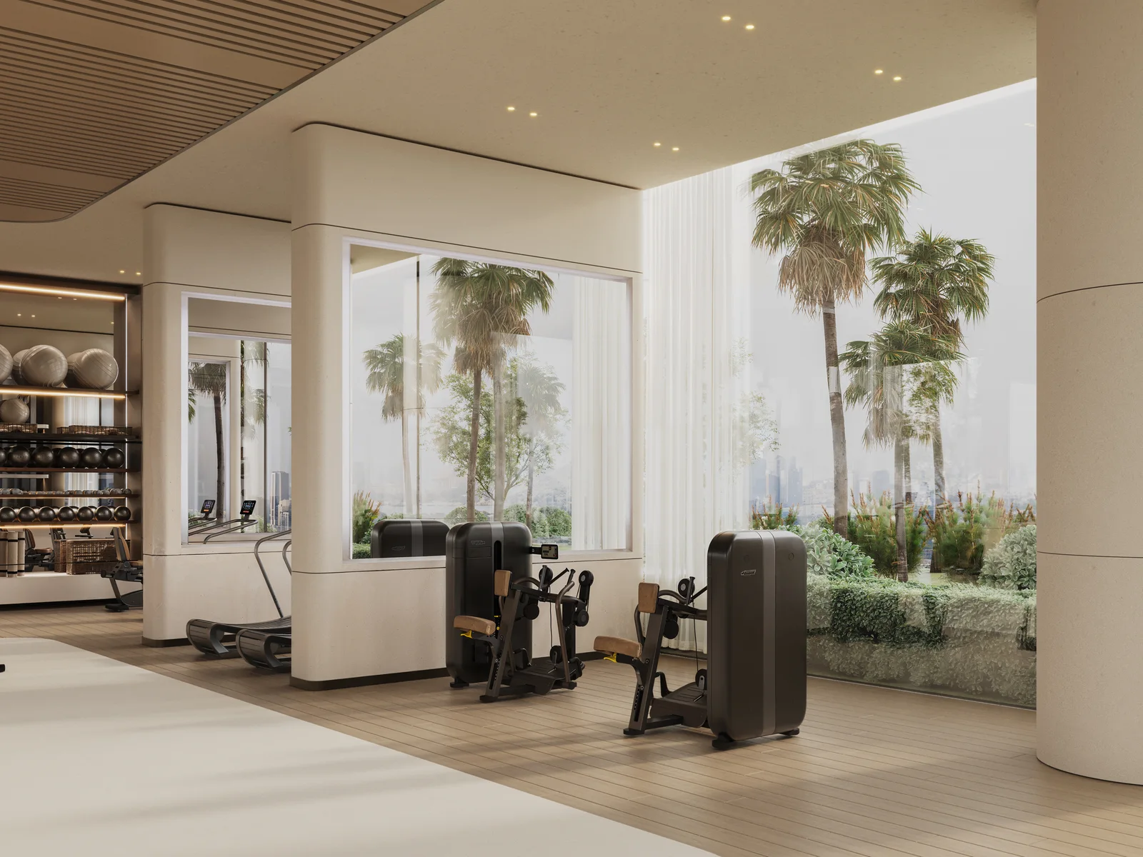 Binghatti Skyterraces, Indoor-Gym mit Grünblick