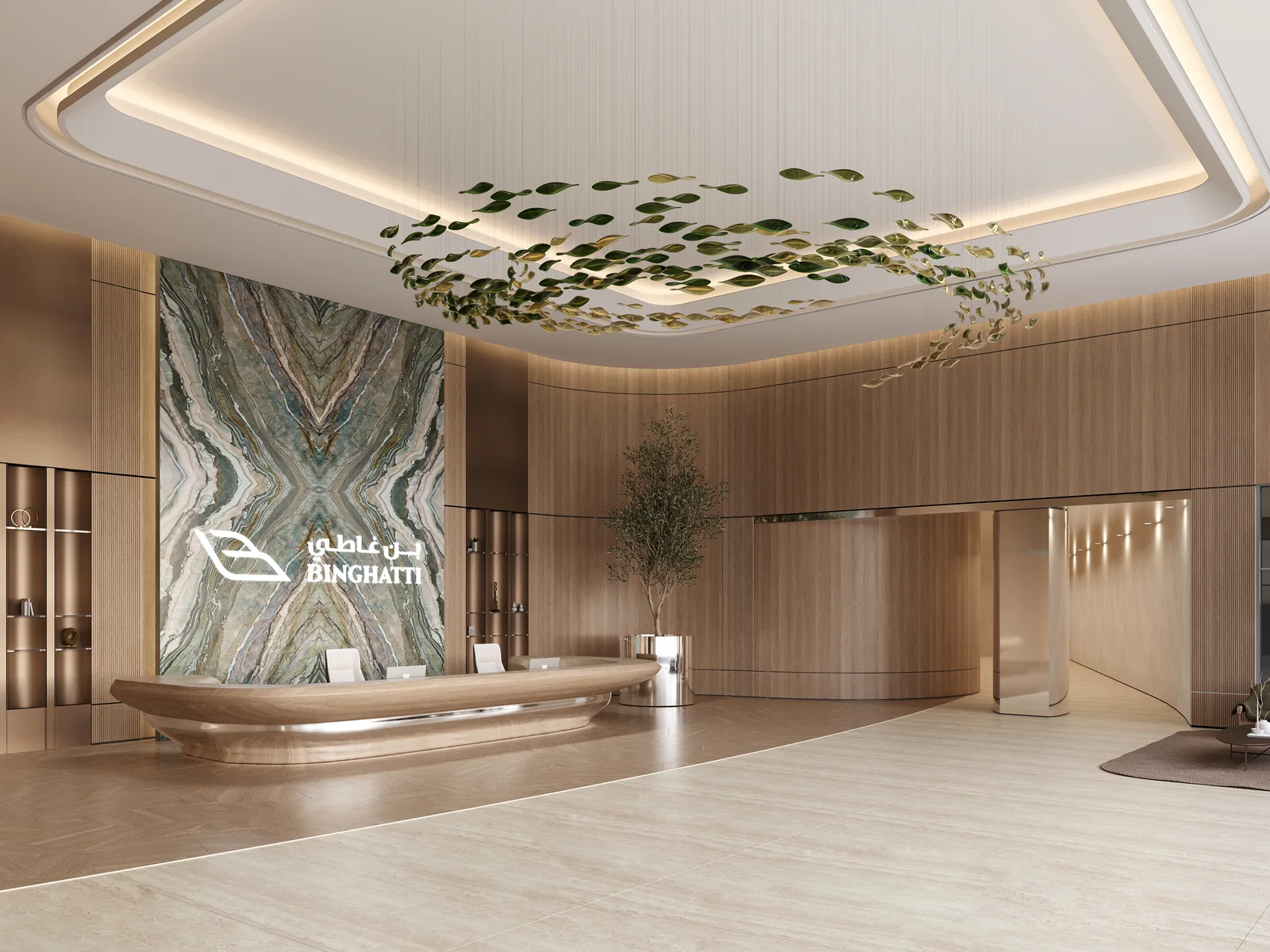 Binghatti Skyterraces, Lobby mit Marmor-Feature-Wand