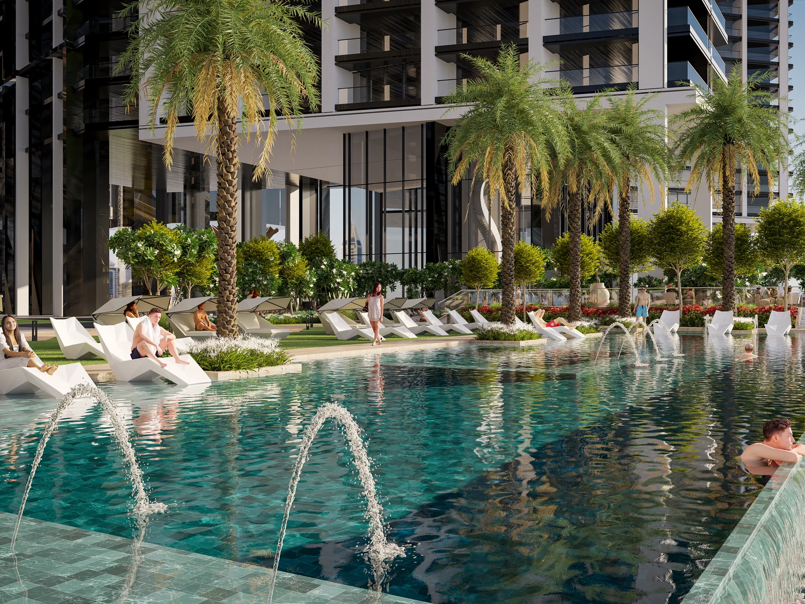 Sobha Central, erhoehter Park mit Pool
