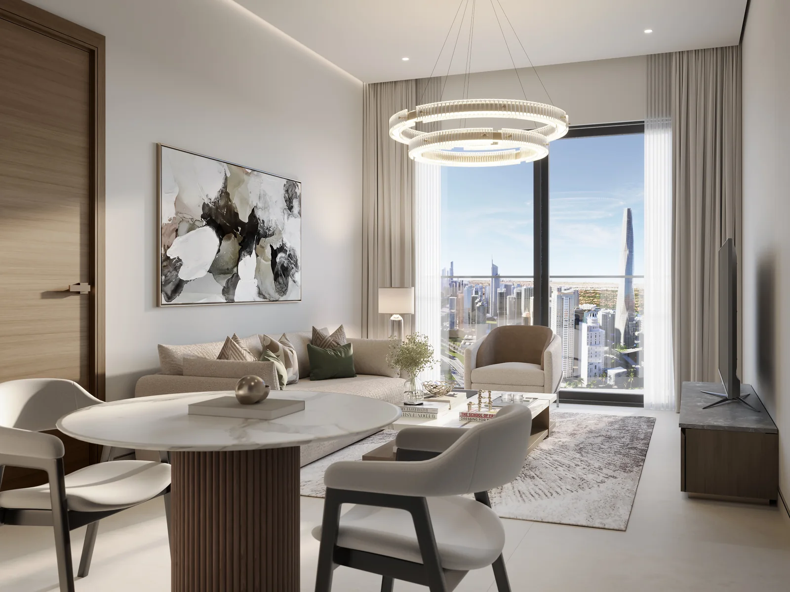 Sobha Central, Wohn- und Essbereich mit Skyline-Blick (Show-Ausfuehrung)