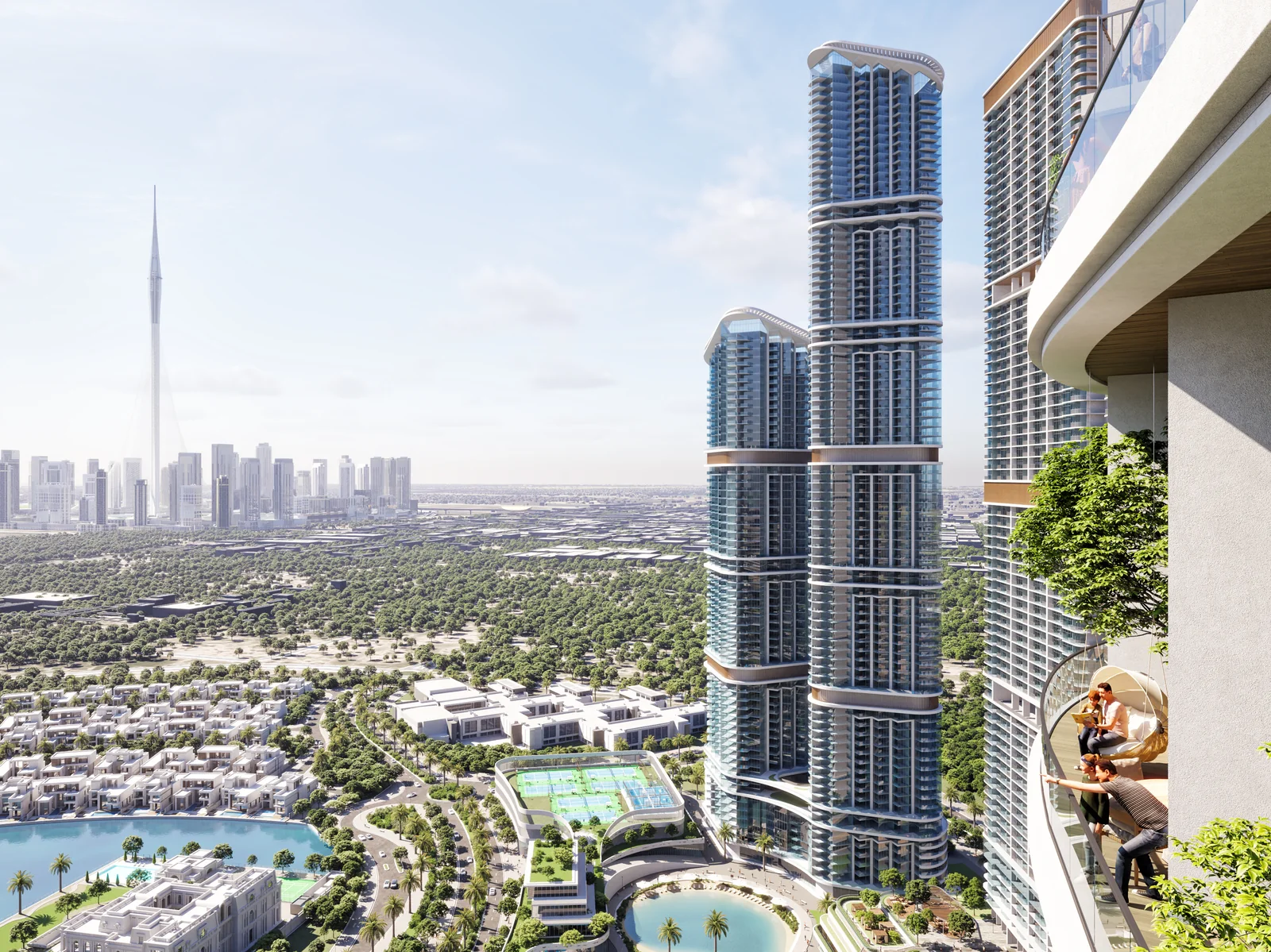 Sobha Hartland 2, Wohntuerme im Masterplan mit Downtown-Blick