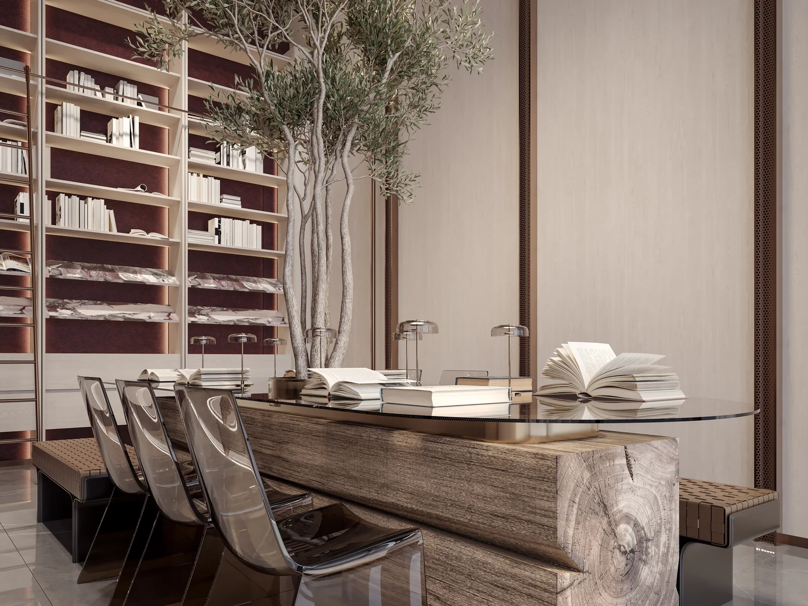 The Symphony by Imtiaz, Residential Library und Essraum mit Olivenbaum und Holz