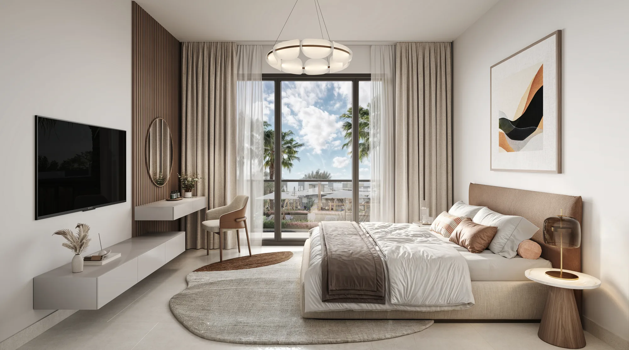 The Wilds Residences, helles Schlafzimmer mit Blick ins Grüne